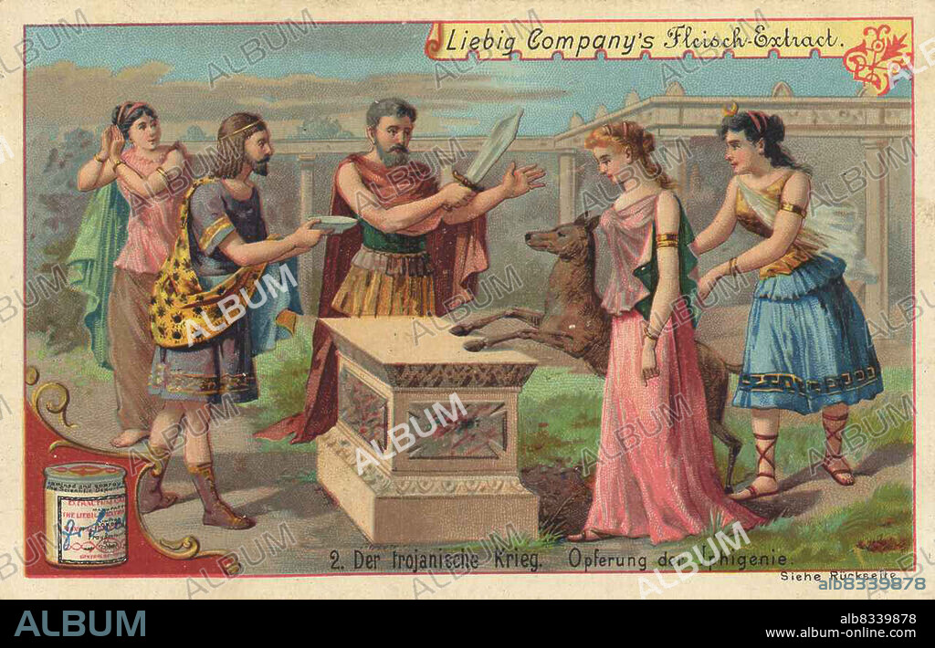 Bilderserie Der Trojanische Krieg, Opferung der Iphigenie / Image series The Trojan War, Sacrifice of Iphigenia, Liebigbild, digital improved reproduction of a collectible image from the Liebig company, estimated from 1900, pd / digital restaurierte Reproduktion eines Sammelbildes von ca 1900, gemeinfrei.