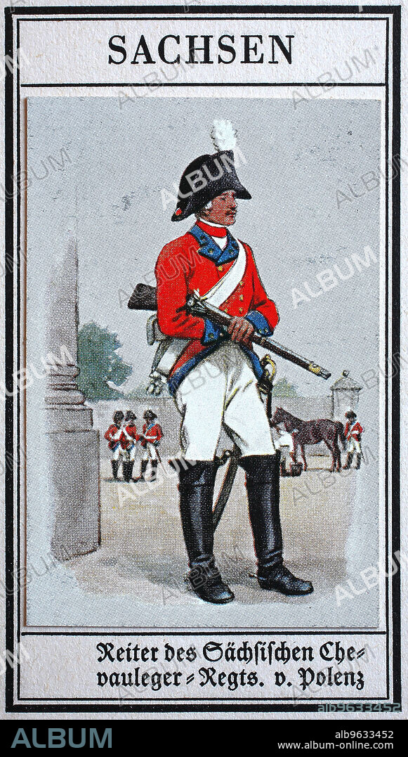Deutsche Uniformen des 19. Jahrhunderts, Linien - Kavallerie: Sachsen, Reiter des sächsischen Chevauleger (leichte Kavallerie)-Regiment von Polenz, Historisch, digital restaurierte Reproduktion eines gemeinfreien Sammelbildes aus dem frühen 20. Jahrhundert.