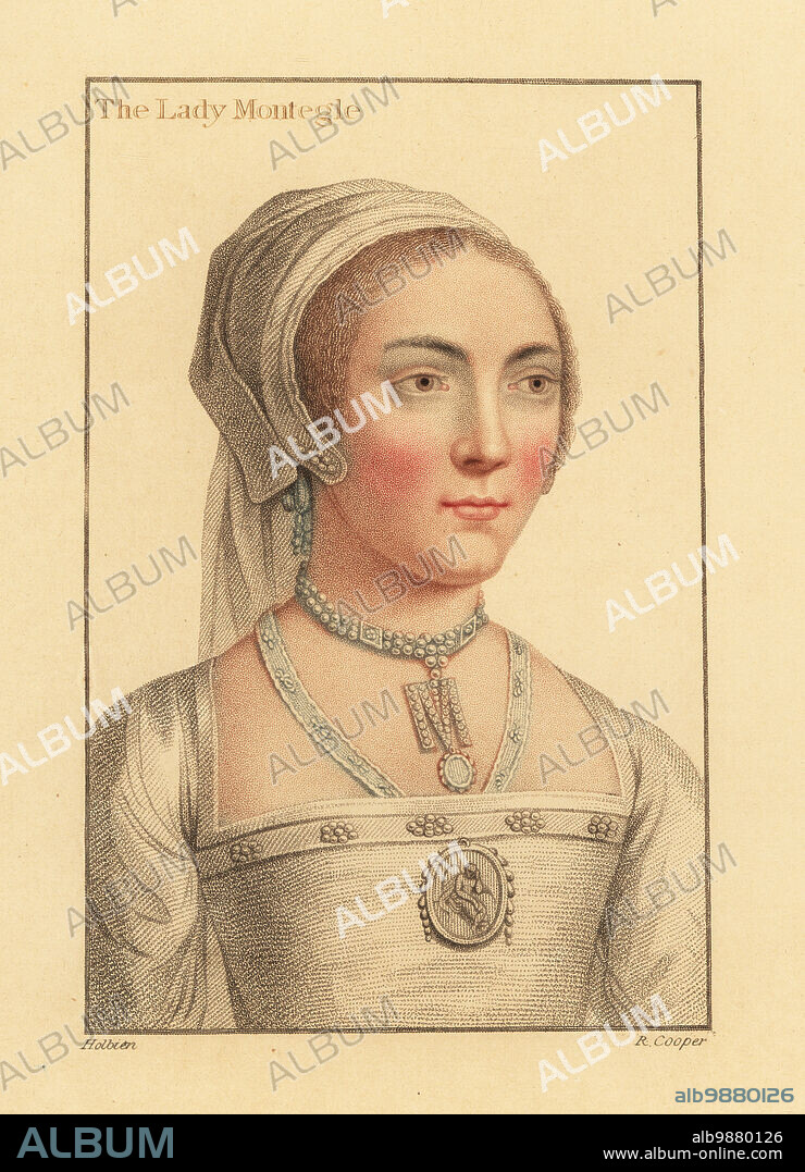 Lady Mary Brandon, Baroness Monteagle, 1510 - c.1544, wife of Thomas Stanley, 2nd Baron Monteagle, lady-in-waiting to Queen Jane Seymour, third wife of Henry VIII.. Also identified as Ellen Preston. The Lady Montegle. Handcoloured copperplate stipple engraving by Robert Cooper after a portrait by Hans Holbein the Younger from Imitations of Original Drawings by Hans Holbein, John Chamberlaine, London, 1812.