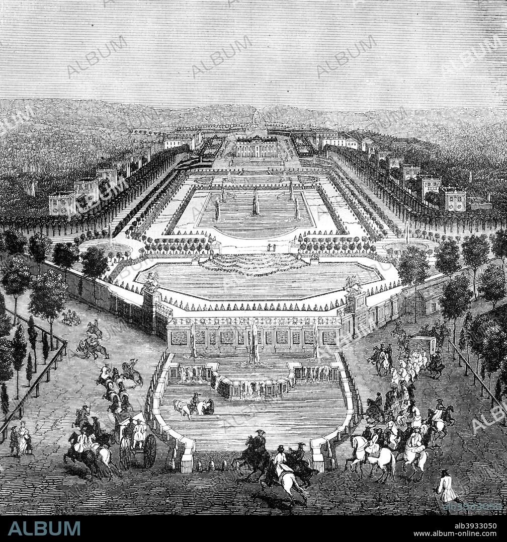 Chateau de Marly, France, 1722 (1882-1884). Marly was built for Louis XIV as a smaller retreat from his grand palace at Versailles. Designed by Jules Hardouin Mansart and Charles le Brun, it was conceived as a hunting lodge only large enough to accommodate the members of the royal hunt. Courtiers were housed in two rows of pavilions flanking the pools of water in front of the chateau. Work began in 1679 and the chateau was completed in 1684. A print from La France et les Français à Travers les Siècle, Volume III, F Roy editor, A Challamel, Saint-Antoine, 1882-1884.