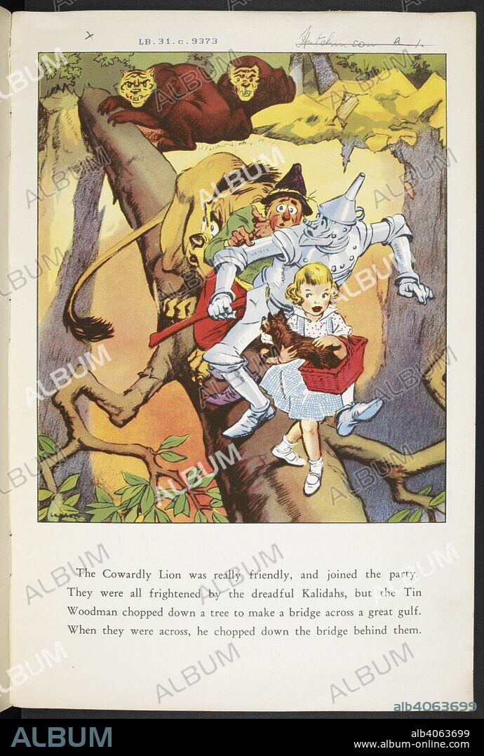 LYMAN FRANK BAUM and PERCY ALEXANDER LEASON. Dorothy and her companions walking along a tree, felled by the Tin woodman. They are escaping the Kalidahs. The Wizard of Oz picture book. London : Hutchinson, [1940]. Source: LB.31.c.9373 page 2.