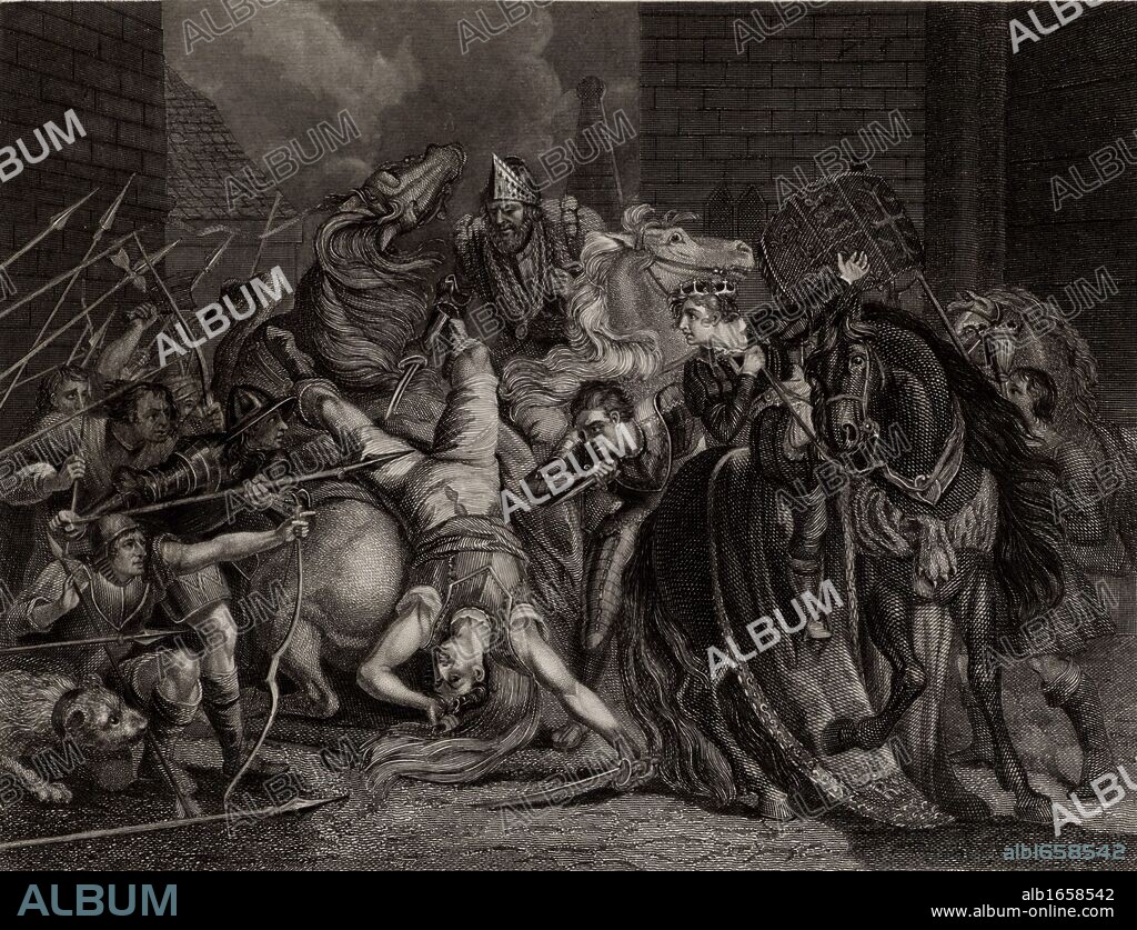 The Peasants' Revolt of 1381in England began in Brentwood, Essex as a protest at the collection of poll tax and reached a climax at Smithfield, London.  Richard II (1367-1800) met the Kentish peasants who, under Watt Tyler (d1381), were demanding the end of serfdom. During the meeting William Walworth (d1385) Lord Mayor of London, wounded Wat Tyler who was taken to St Bartholomew's Hospital but was later dragged out of the hospital and beheaded. Engraving c1860. (Photo by: Universal History Archive/UIG via Getty Images).