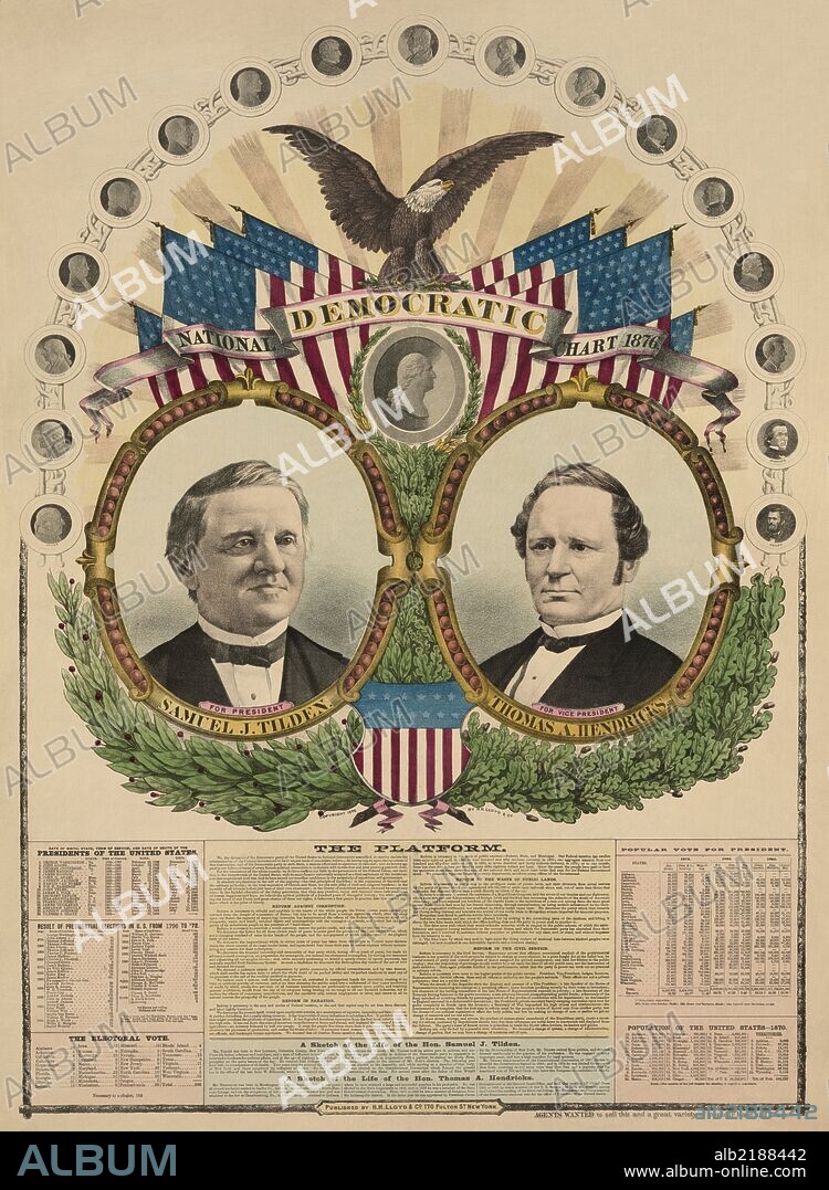 Portraits of Democratic presidential candidate Samuel J. Tilden and running mate Thomas A. Hendricks and smaller medallion portraits. The candidates are shown in roundel bust portraits in decorative frames. Surrounding Tilden are laurel leaves, and surrounding Hendricks are oak leaves, traditional symbol of the Democrats. Below is a shield emblazoned with stars and stripes.