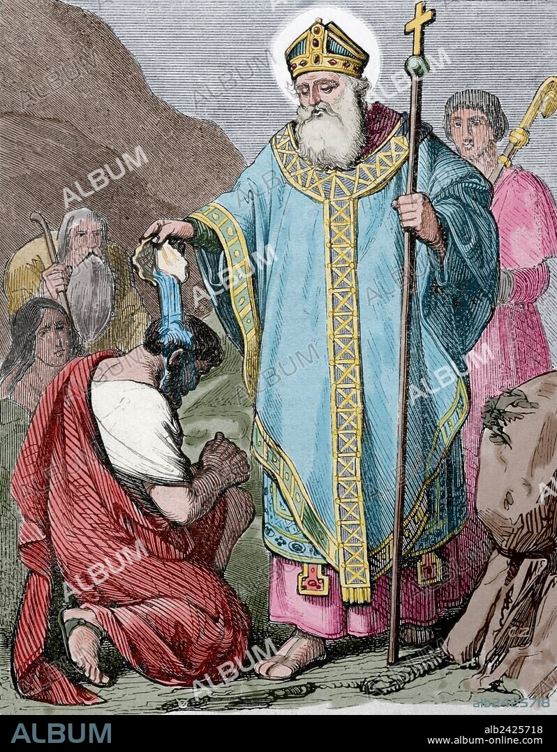TOMÁS CARLOS CAPUZ ALONSO. SAN MARCIAL DE LIMOGES. Importante santo francés. Siglo III. Grabado por Capuz. "Año Cristiano", Madrid, 1852. Coloreado.