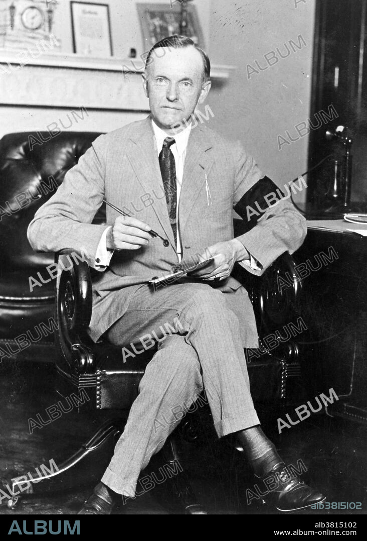 Newly sworn in President Coolidge wearing black armband in mourning for President Harding. John Calvin Coolidge, Jr. (July 4, 1872 - January 5, 1933) was the 30th President of the United States (1923-1929). A Republican lawyer from Vermont, Coolidge worked his way up the ladder of Massachusetts state politics, eventually becoming governor of that state. Soon after, he was elected as the 29th Vice President in 1920 and succeeded to the Presidency upon the sudden death of Warren G. Harding in 1923. Elected in his own right in 1924, he gained a reputation as a small-government conservative, and also as a man who said very little. He restored public confidence in the White House after the scandals of his predecessor's administration, and left office with considerable popularity. Some later criticized Coolidge as part of a general disapproval of laissez-faire government. His reputation underwent a renaissance during the Reagan administration, but assessment of his presidency is still divided between those who approve of his reduction of the size of government programs and those who believe the federal government should be more involved in regulating and controlling the economy. He died suddenly from coronary thrombosis in 1933 at the age of 60. National Photo Company Collection, 1923.