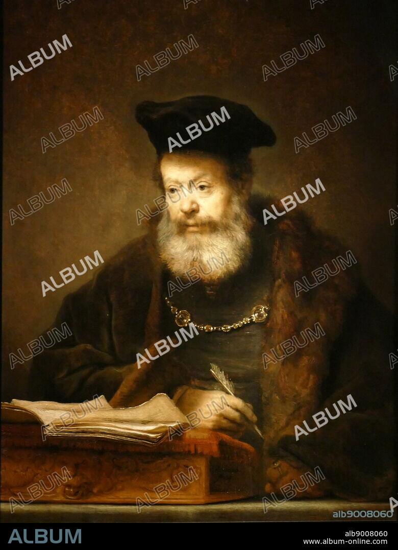 The Scholar at his Writing Table. 1641 (oil on panel) painted by the Dutch artist, Rembrandt van Rijn (1606-69).