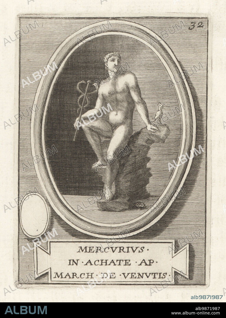 Roman god Mercury with caduceus and rooster. In Etruscan religion, messenger god and god of trade Turms. Roman Mercury, Greek Hermes. From an engraved agate gem. Mercurius in Achate ap March. de Venutis. Copperplate engraving from Francesco Valesio, Antonio Gori and Ridolfino Venutis Academia Etrusca, Museum Cortonense in quo Vetera Monumenta, (Etruscan Academy or Museum of Cortona), Faustus Amideus, Rome, 1750.