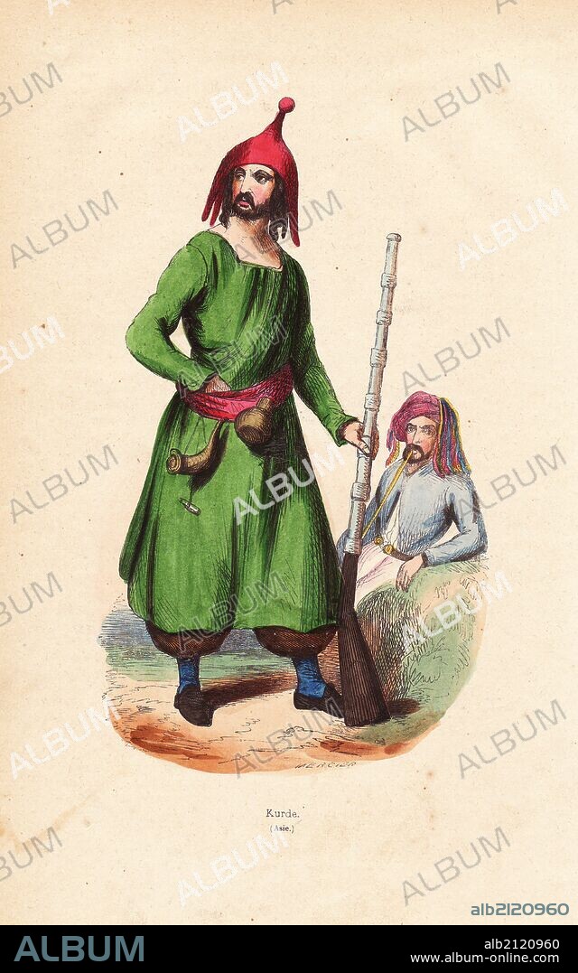 Kurdish man with musket and powder horn, wearing a distinctive hat, tunic and pantaloons. Another man smoking a pipe wearing a turban. Handcoloured woodcut by Mercier from Auguste Wahlen's "Moeurs, Usages et Costumes de tous les Peuples du Monde," Librairie Historique-Artistique, Brussels, 1845. Wahlen was the pseudonym of Jean-Francois-Nicolas Loumyer (1801-1875), a writer and archivist with the Heraldic Department of Belgium.