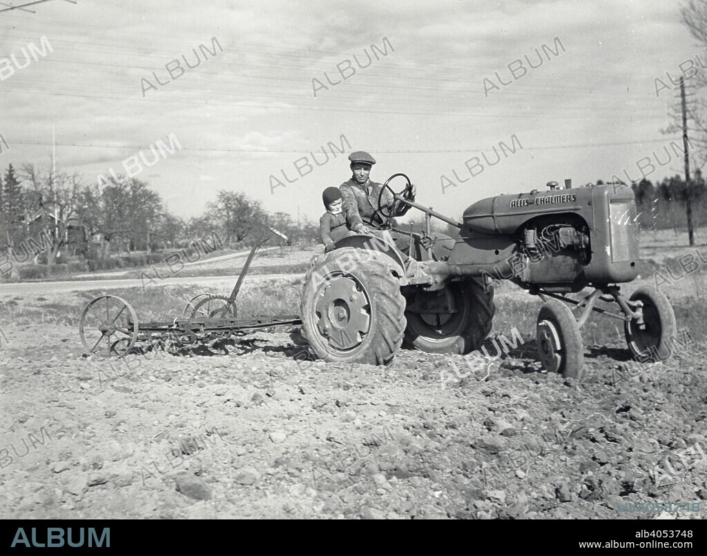 Harrowing with an Allis-Chalmers tractor, Sweden, 1950. The Allis-Chalmers Manufacturing Company is an American company that manufactured a wide range of agricultural machinery.