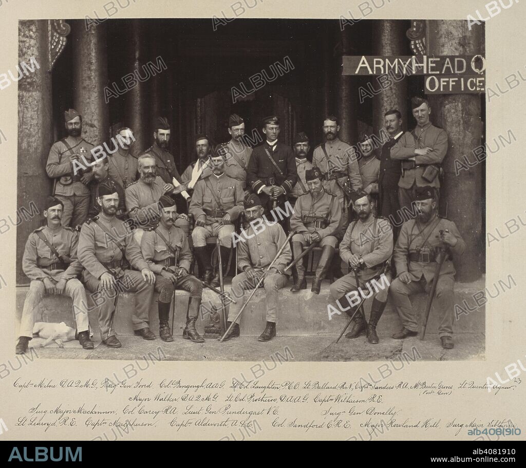 WILLOUGHBY WALLACE HOOPER. A group portrait of General Prendergast and many of his staff, taken in front of the Hall of Audience in Mandalay Palace, on 17th December, 1885. 'Burmah. A series of one hundred photographs illustrating incidents connected with the British Expeditionary Force to that country, from the embarkation at Madras, 1st Nov, 1885, to the capture of King Theebaw...'. 17 Dec. 1885. Photograph. Source: Photo 312/(23). Language: English.