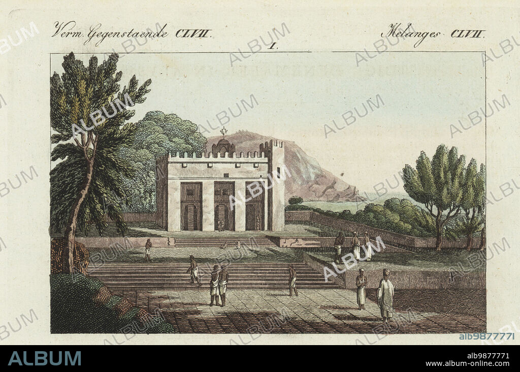The old church at Axum, Abyssinia (Aksum, Ethiopia). Seventh-century Christian church destroyed in 1526 and rebuilt in 1657. Copied from Voyages and Travels by George Annesley, Viscount Valentia, and artist Henry Salt, 1809. Handcoloured copperplate engraving from Carl Bertuch's Bilderbuch fur Kinder (Picture Book for Children), Weimar, 1810. A 12-volume encyclopedia for children illustrated with almost 1,200 engraved plates on natural history, science, costume, mythology, etc., published from 1790-1830.
