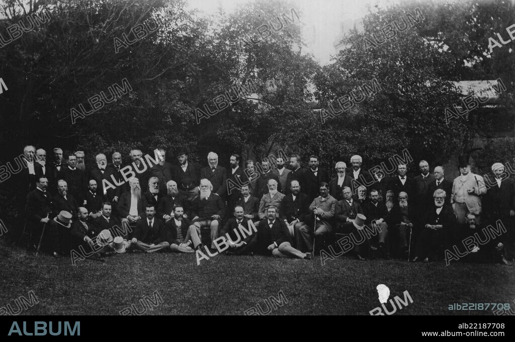 L. J. Harnett, (*****), W.H. Burgess, (Tas), Sir S.W. Griffith, (*****), J.A. Wright, (W.A), B.S. Bird, (Tas); Sir P.A. Jennings, (N.S.W), Sir J Lee Steere,(W.A) M. J. Brown, (Tas), T. Playford, (S.A), J.P. Abbott, (N.S.W), W. Moore, (Tas), Capt. Russell, (N.Z), E. Barton, (N.S.W), J. W. Hackett, (WA), A. Deakin, (Vic), C.Kingston, (S.A), H.G. Wrixon, (Vic). N. Fitzgerald V., W.T. Loton WA, W.M.Millan NSW, Pofysh T, Grobbs NSW, J. Munro V., Sir H Parkes NSW (President), Col Smith V, H.Cuthbert V, J. Forrest WA, R C Baker SA., Sir J.C.Bray SA., Sir G *****W.E. Marmion W.A., J.H. Gordon SA, O'Cockburn SA, A.J.Thynne Q, A Forrest WA., J Donaldson Q.Convention in 1891. Barton, centre, back row. Seated, Parkes; Deakin second on Barton's left. January 3, 1951. (Photo by Australian Official Photograph).