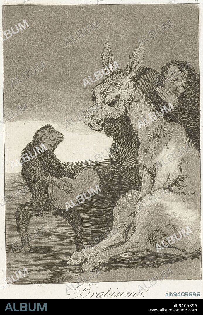 Bravo!, Francisco de Goya, 1797 - 1799, A monkey holding a guitar upside down. A donkey, sitting on the ground, is a listener, behind him two men clapping. Thirty-eighth print from the Los Caprichos series., print maker: Francisco de Goya, Francisco de Goya, Spain, 1797 - 1799, paper, etching, drypoint, h 215 mm × w 152 mm.
