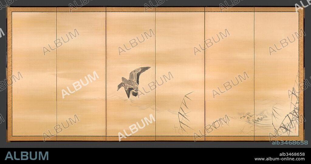 ?????; ????????, Goose and Reeds; Willows and Moon, Edo period (1615–1868), right screen: 1774; left screen: 1793, Japan, Pair of six-panel folding screens; ink, color and gold on paper, Each: Image: 60 9/16 in. × 11 ft. 7 1/2 in. (153.9 × 354.4 cm), Screens, Maruyama Okyo (Japanese, 1733–1795), A single goose, wings spread and neck outstretched, swoops down toward the surface of the water. The only indications of the beach upon which the goose prepares to land are the tops of several spindly, dried reeds in the lower-right corner as well as waves cresting near the shore.