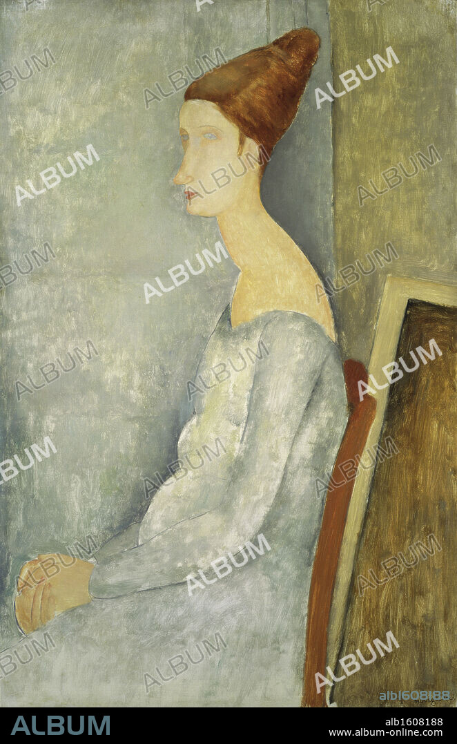 Portrait of Jeanne Hebuterne Seated in Profile   1918  Amedeo Modigliani (1884-1920/Italian)  Oil on Canvas   Barnes Foundation, Merion, Pennsylvania      .