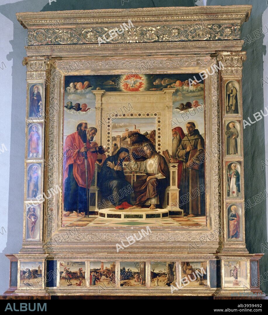 'Pala di Pesaro' altarpiece, c1474. Coronation of the Virgin with Saints Paul, Peter, Jerome and Francis of Assisi with scenes from the lives of the saints in the predella panel. From the collection of the Museo Civico, Pesaro, Italy.