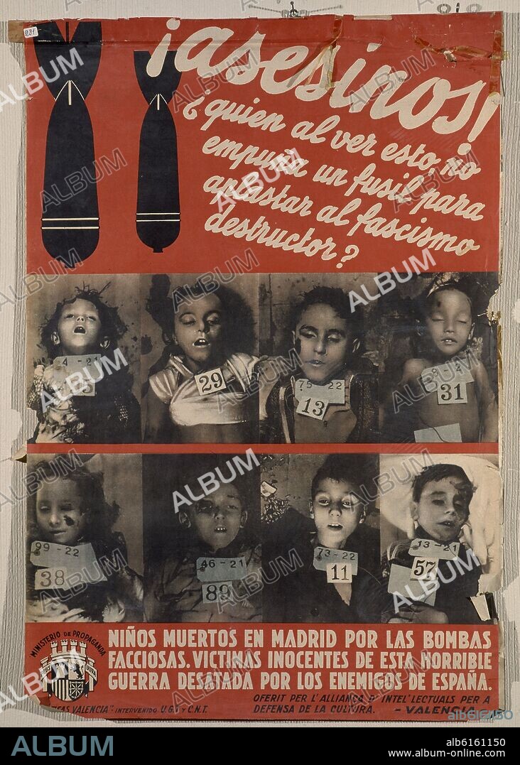 CARTEL DE LA GUERRA CIVIL ESPAÑOLA - ¡ASESINOS! -NINOS MUERTOS EN MADRID POR LAS BOMBAS FACCIOSAS -.