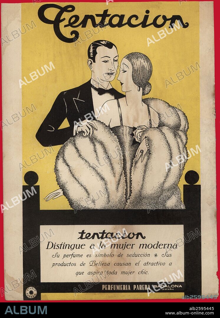 Publicidad del perfume Tentación, producto de Perfumería Parera, de Badalona. Años 1920.