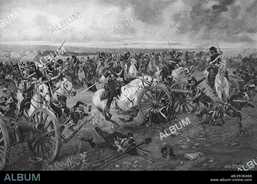 Battle of Waterloo, 1815. The Scots Greys under Major-General Sir William Ponsonby charge two batteries of French Artillery, after having taken the colours of the 105th Regiment. Ponsonby was killed during the battle. A print from Fifteen Decisive Battles of British History, printed and published by Charles Letts and Co, London.