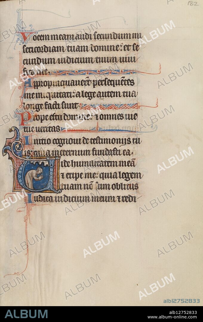 BUTE MASTER. Initial V: A Man Bowing in Prayer; Bute Psalter, text and illumination about 1285.