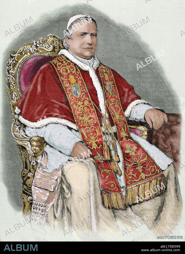 PIO IX (Senigallia,1792-Roma,1878). Papa italiano, de nombre Giovanni Maria Mastai-Ferretti. Elegido en 1846, era cardenal (1832) y obispo de Imola (1832), después de haberlo sido de Spoleto (1827). Convocó el Concilio Vaticano I (1869-70). Su pontificado es el más largo de la historia. Grabado por R. Padró. Coloreado.