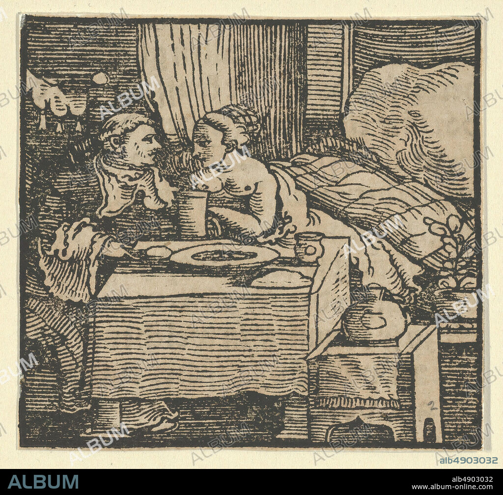 Hans Schäufelein, The Nude Girl and the Abbot, from The Decameron, Hans Schäufelein (German, Nuremberg ca. 1480ca. 1540 Nördlingen), Giovanni Boccaccio (Italian, Paris 13131375 Certaldo, Tuscany), before 1534, Woodcut, Sheet: 2 5/8 × 2 7/8 in. (6.7 × 7.3 cm), Prints.