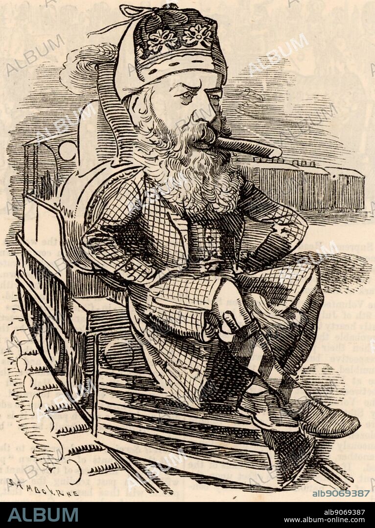 George Granville William Sutherland-Leveson-Gower, 3rd Duke of Sutherland (1828-1882), British aristocrat, succeeded to his title in 1861. Sutherland finishing a marathon railway journey in America. Cartoon by Edward Linley Sambourne in the Punch's Fancy Portraits series from 'Punch' (London, 9 July 1881).