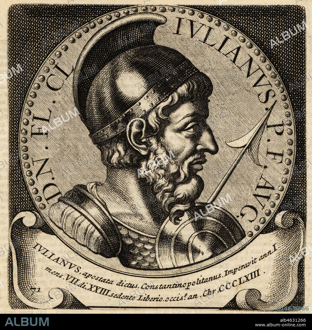 Roman Emperor Julian, 332-353. Flavius Claudius Julianus Augustus, philosopher and author in Greek, Byzantine Emperor. Copperplate engraving from Abraham Bogaerts De Roomsche Monarchy, The Roman Monarchy, Francois Salma, Utrecht, 1697.
