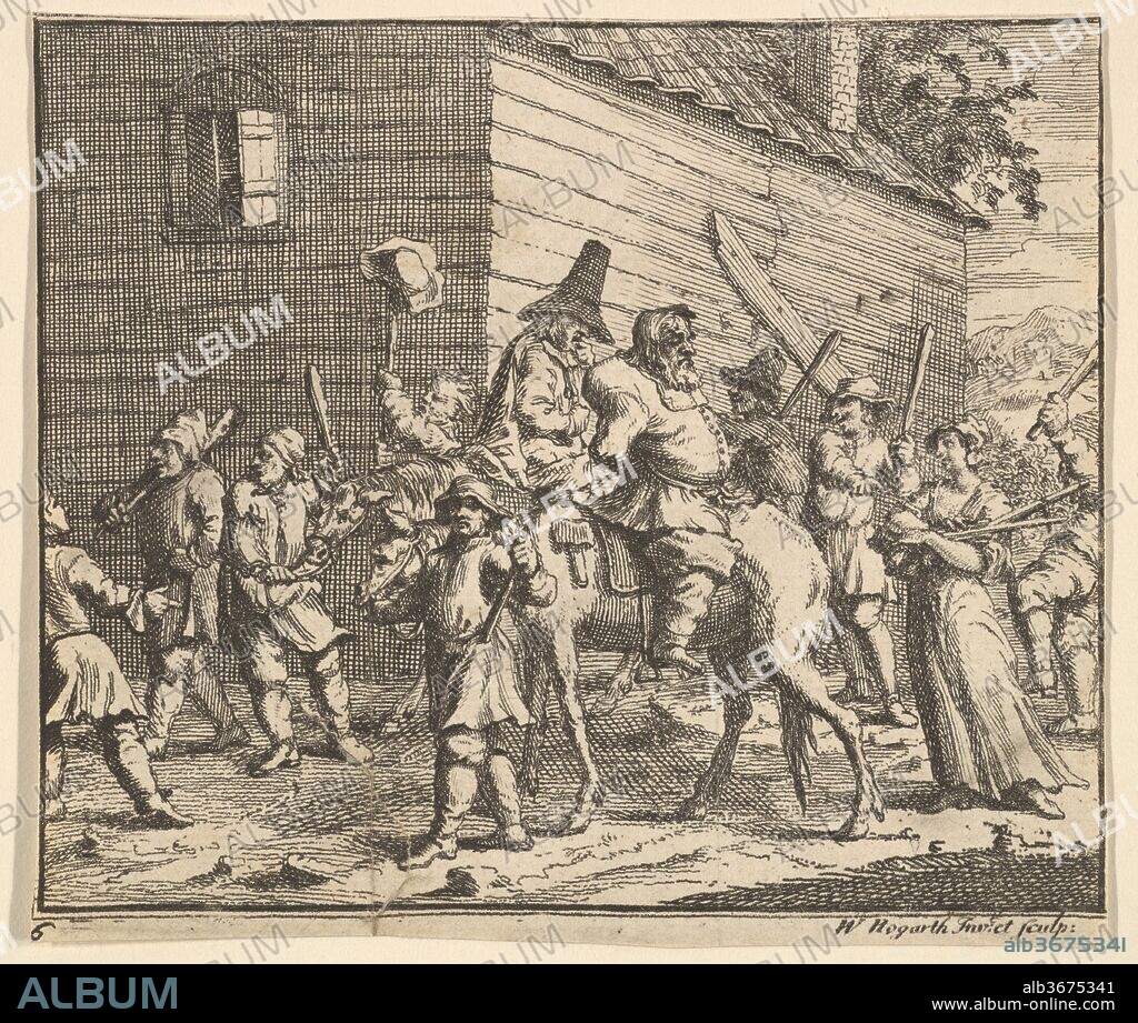 Hudibras and Ralpho Made Prisoners and Carried to the Stocks (Seventeen Small Illustrations for Samuel Butler's Hudibras, no. 6). Artist: William Hogarth (British, London 1697-1764 London). Author: Illustrates Samuel Butler (British, baptized Strensham, Worcestershire 1613-1680 Covent Garden). Dimensions: sheet: 4 1/4 x 4 13/16 in. (10.8 x 12.3 cm) (trimmed). Date: 1721-26.