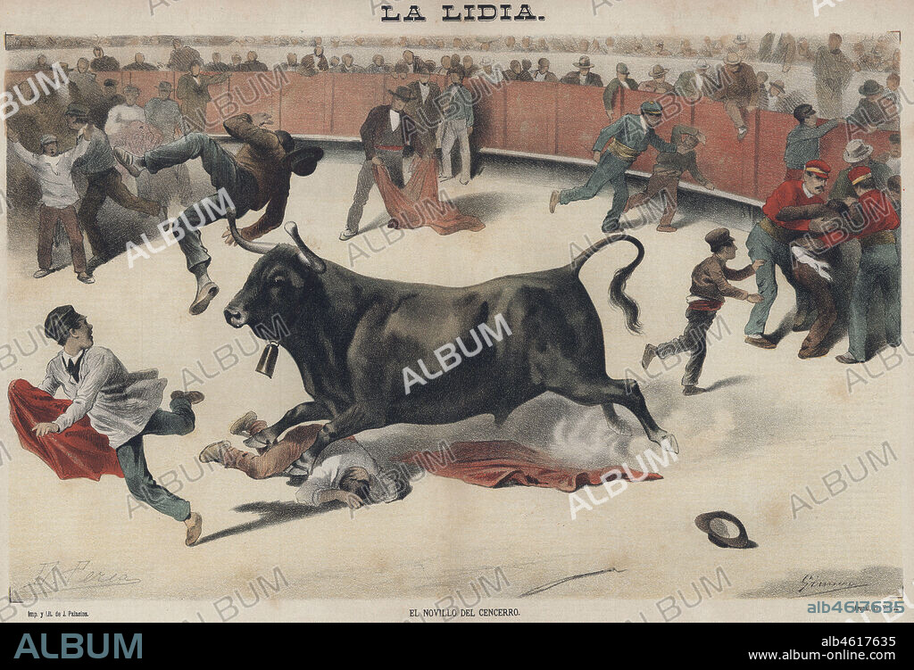 DANIEL PEREA Y ROJAS. La lidia. El novillo del cencerro arremetiendo contra los espontáneos. Año 1888.