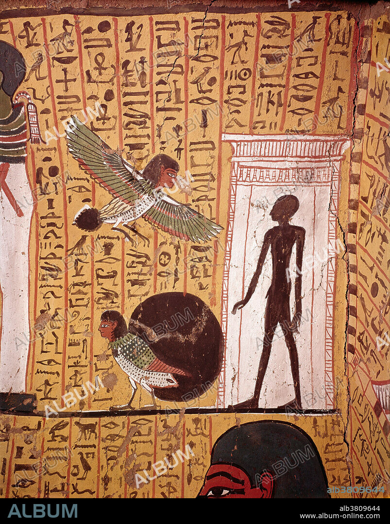 Funerary art showing human-headed ba birds, which in Ancient Egypt were believed to be the incarnated spirit of a dead person. Tomb of Irinufer, Valley of the Nobles, near Luxor, Egypt.