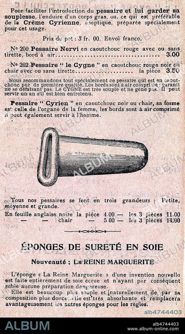 'PESSAIRE 'Cyrien' en caoutchouc noir ou rose, sa forme est celle de l'organe de la femme, les bords sont a air comprimé, il peut egalement servir a l'homme, il peut servir un an si il est bien entretenu' , (preservatif feminin s'introduisant dans le vagin). Publicite pour preservatifs hygieniques et antiseptiques, vers 1900. Illustration anonyme. Credit : Collection IM/KHARBINE-TAPABOR.