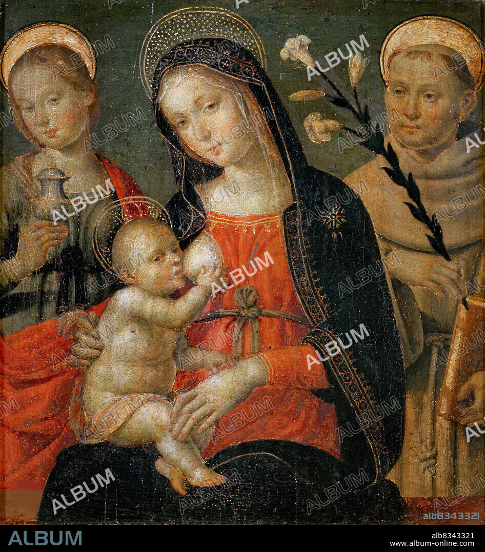 LO SPAGNA (GIOVANNI DI PIETRO). Madonna del Latte with Saints Mary Magdalene and Anthony of Padua.