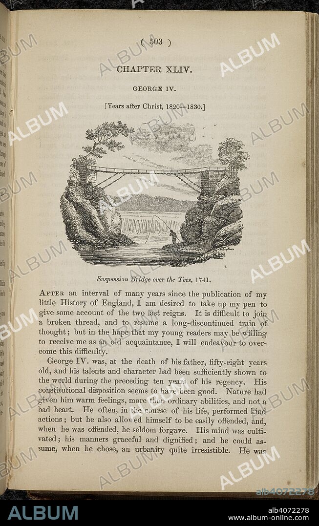 Page of text with illustration. Suspension bridge over the River Tees, 1741. Durham. A man fishing. A History of England from the first Invasion by the Romans to the 14th year of the Reign of Queen Victoria: with conversations at the end of each chapter. ... New edition. By Mrs Markham. London: John Murray, 1851. Source: RB.23.a.17413 page 503. Language: English.