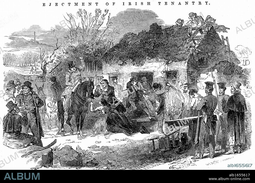 Potato Famine: Irish peasant family unable to pay rent because of failure of potato crop due to Potato Blight (Phytophthora infestans), evicted from their tumbledown cottage. From "The Illustrated London News" December 1848. Wood engraving.