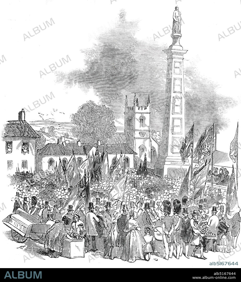 Inauguration of the Gillespie Monument, at Comber, 1845. Opening of a memorial in County Down, (now Northern) Ireland. 'The [Rollo Gillespie] Monument itself is a beautiful Grecian pillar, fifty-five feet high...divided into compartments, on each of which is sculptured a representation of one of the principal scenes of Gillespie's brilliant career, and surmounted by a statue of the hero himself, standing in a graceful attitude, with his sword in his right hand...An inscription reads: '"Robert Rollo Gillespie. Major-General, and Knight Commander of the Most Honourable the Military Order of the Bath, born at Comber, 1766, after a brief but glorious career, fell in battle, before the fortress of Kalunga, on the 31st of October, 1814. His last words were - 'One shot more for the honour of Down.' A Monument at Meerut [Uttar Pradesh, India], in the East, marks the grave where his ashes rest'. From "Illustrated London News", 1845, Vol VII.