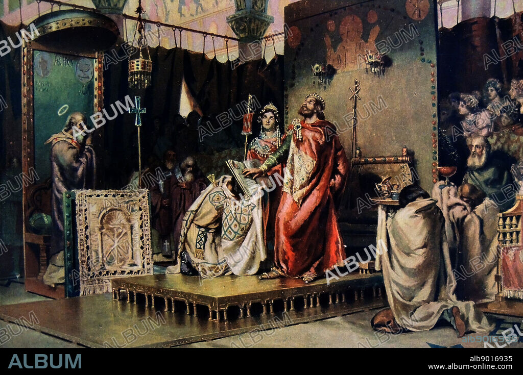 Antonio Muñoz Degrain (1840-1924) La conversion de Recaredo (Reccared I). Reccared I was king of the Visigoths from 586-601. the highlight of his reign came in 589, when he called the Third Council of Toledo in which, along with several nobles and church dignitaries, abjured Arianism and converted to Catholicism, which allowed religious unification of the Visigoths and Hispano.