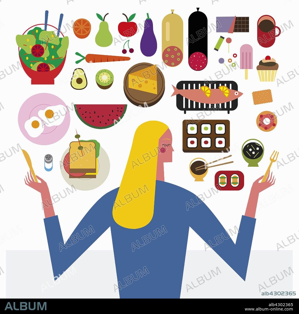 Woman choosing between healthy and unhealthy food.