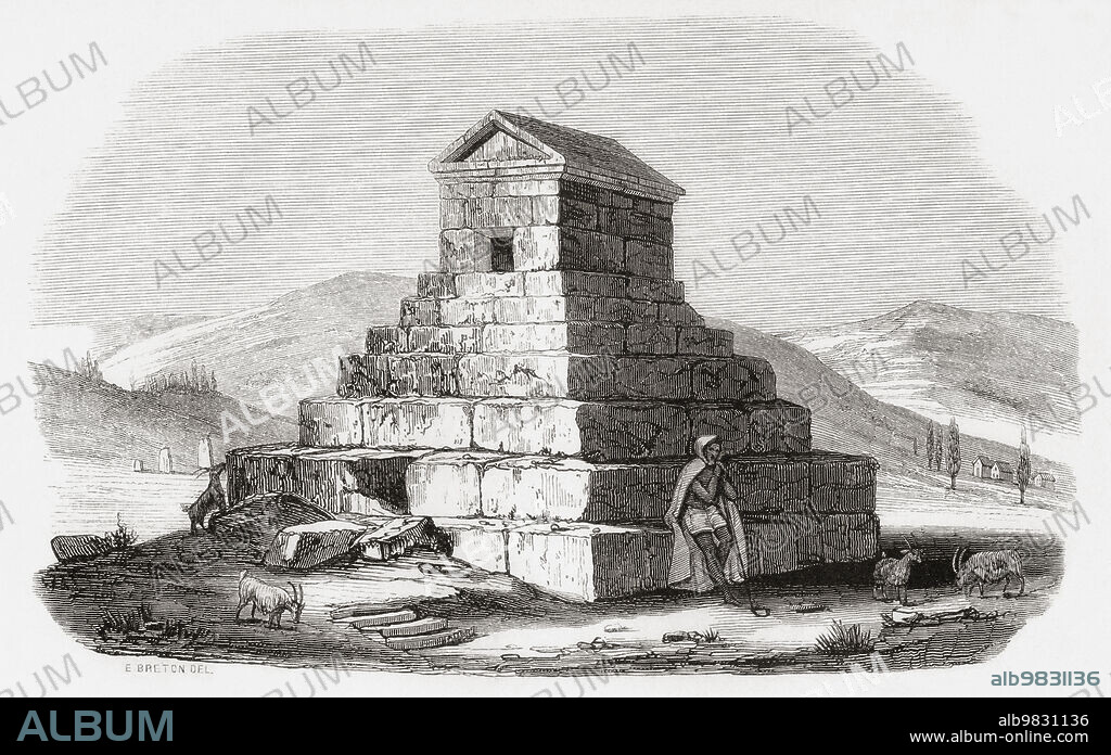 The Tomb of Cyrus the Great, Pasargadae, Iran, seen here in the 19th century. From Monuments de Tous les Peuples, published 1843.