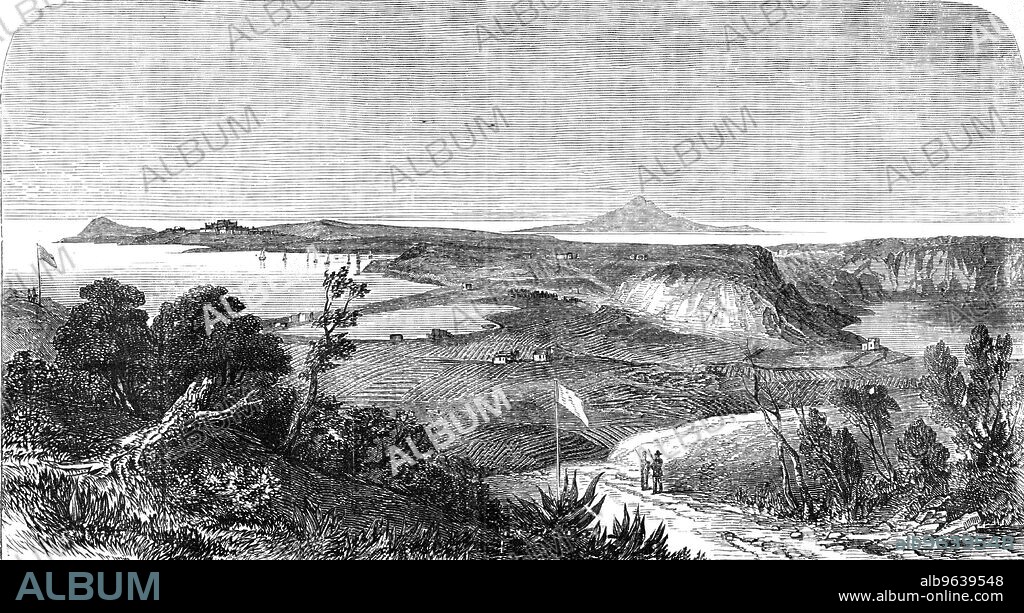 The Port and Castle of Baie: The Cape of Misenum Site of the Garden of Lucullus: Monte Procida and the Island of Ischia; and the Lakes Lucrinus and Avernus, 1856. Preparations to '...form a naval port of Lucrinus and Avernus [in the Campania region of southern Italy]...the harbingers of modern destructiveness are already visible - the flags of the land-surveyors are erected, and measurements are being made with a view to ascertain the practicability of the project, and the value of the land to be purchased...The sea, when it was agitated, brought up here, as at Brindisi, an immense quantity of sand, which closed the entrance and raised the bottom of the lakes...to unite the two lakes, a considerable cutting would be necessary...The chief engineer is Signor Import, a military engineer of much experience; and the comptroller of expenditure is Signor Quaranta...'. From "Illustrated London News", 1856.