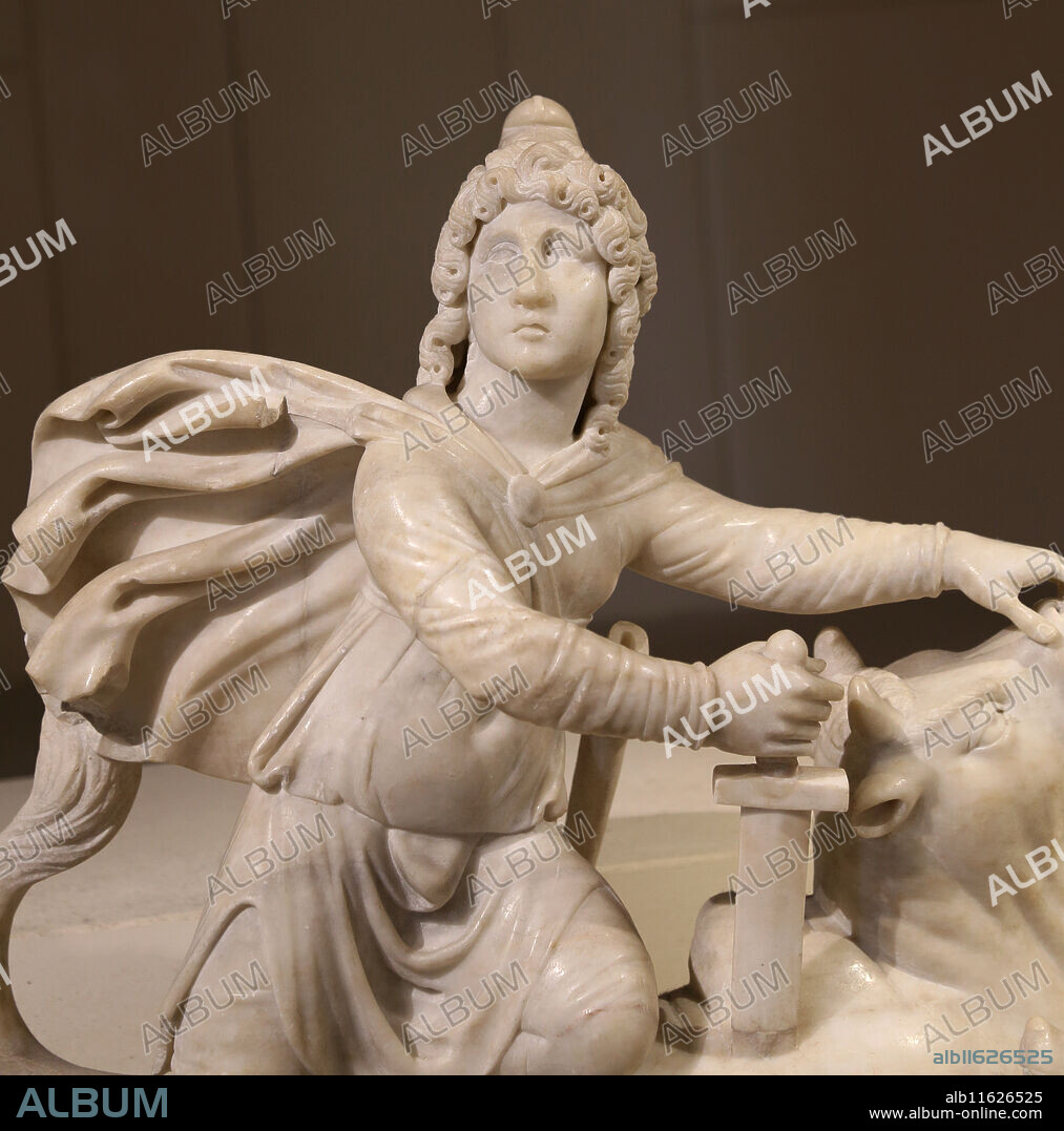 The Roman cult of Mithras. Tauroctony. Mithras killing the bull. Marble. Roman statue. Louvre Museum. Paris. France.