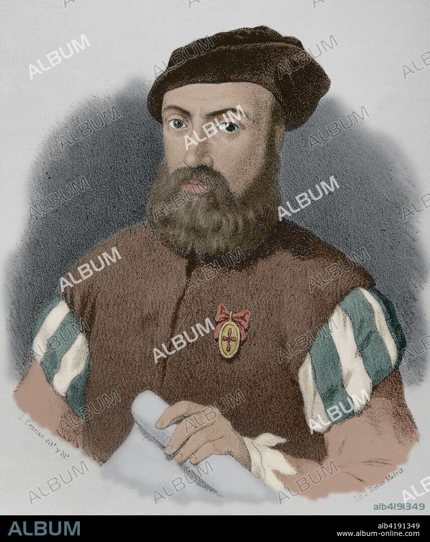 JOSÉ CEBRIÁN (1839-1904). SPANISH ILLUSTRATOR AND ENGRAVER.. Ferdinand Magellan (1480-1521). Portuguese explorer. Portrait. Drawing by J. Cebrián. Lithography. Later colouration. Cronica General de España, Historia Ilustrada y Descriptiva de sus Provincias. Andalucia, 1867.