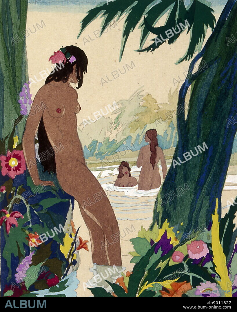 Coloured illustration depicting young girls swimming naked in a river against an exotic background.