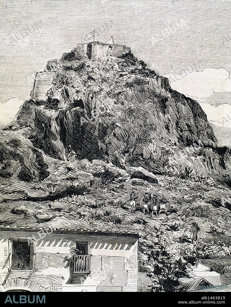 History of Spain. 19th century. Cantonal Revolution. Monteagudo (Murcia), center of the uprising. Engraving by Rico in "The Spanish and American Illustration", (1872).