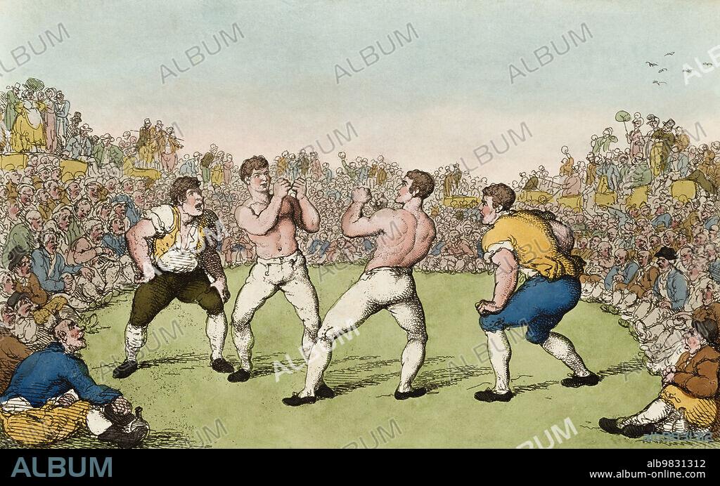 Boxing match for 200 guineas between Dutch Sam and Ben Medley, fought 31 May 1810 on Moulsey Hurst near Hampton. After a work by Thomas Rowlandson. Dutch Sams real name was Samuel Elias. He lived from 1775 - 1816. He was elected into the International Boxing Hall of Fame in 1997. Little is known about Ben Medley.