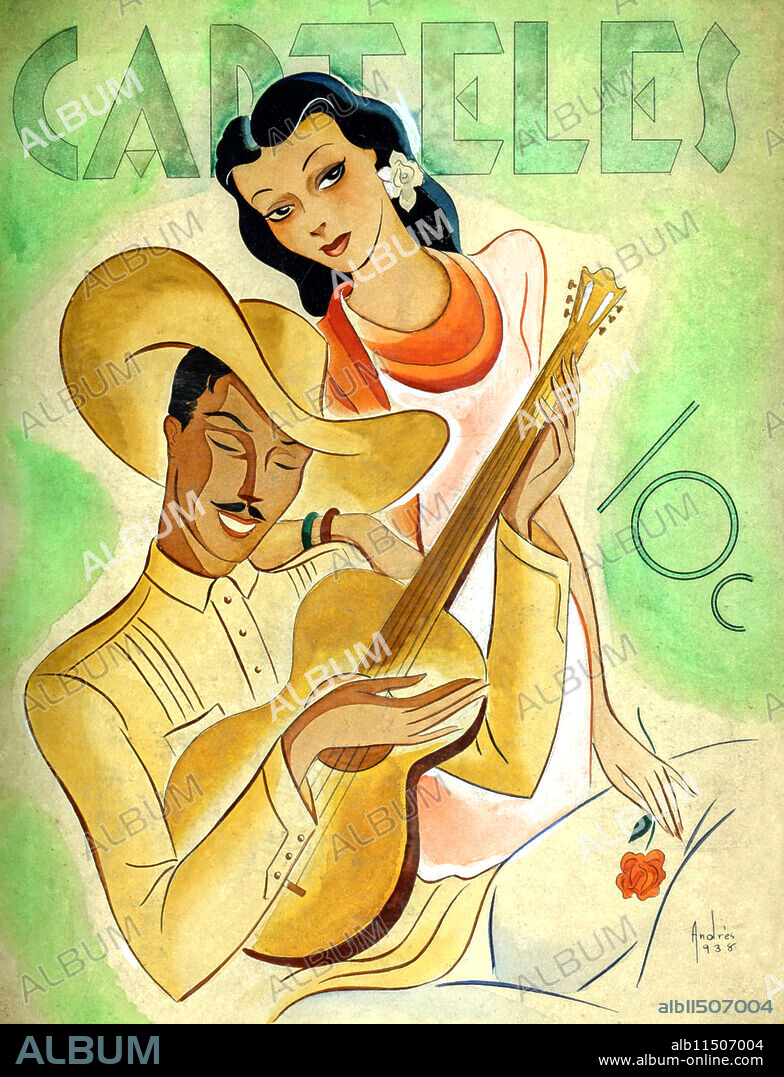 November 20, 1938 Cover to Carteles magazine by Andres Garcia Benitez (1916-1981).  A man serenades a woman.  His attire is traditional Cuban.