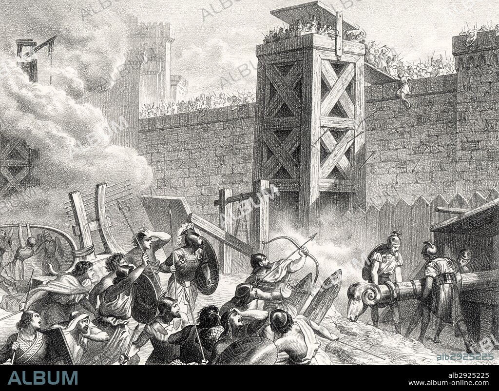 Historia. Sitio y asalto de Sagunto por los cartagineses a las órdenes de Aníbal el año 219 a. C., hecho desencaenante de la segunda guerra púnica contra los romanos. Grabado de 1871.