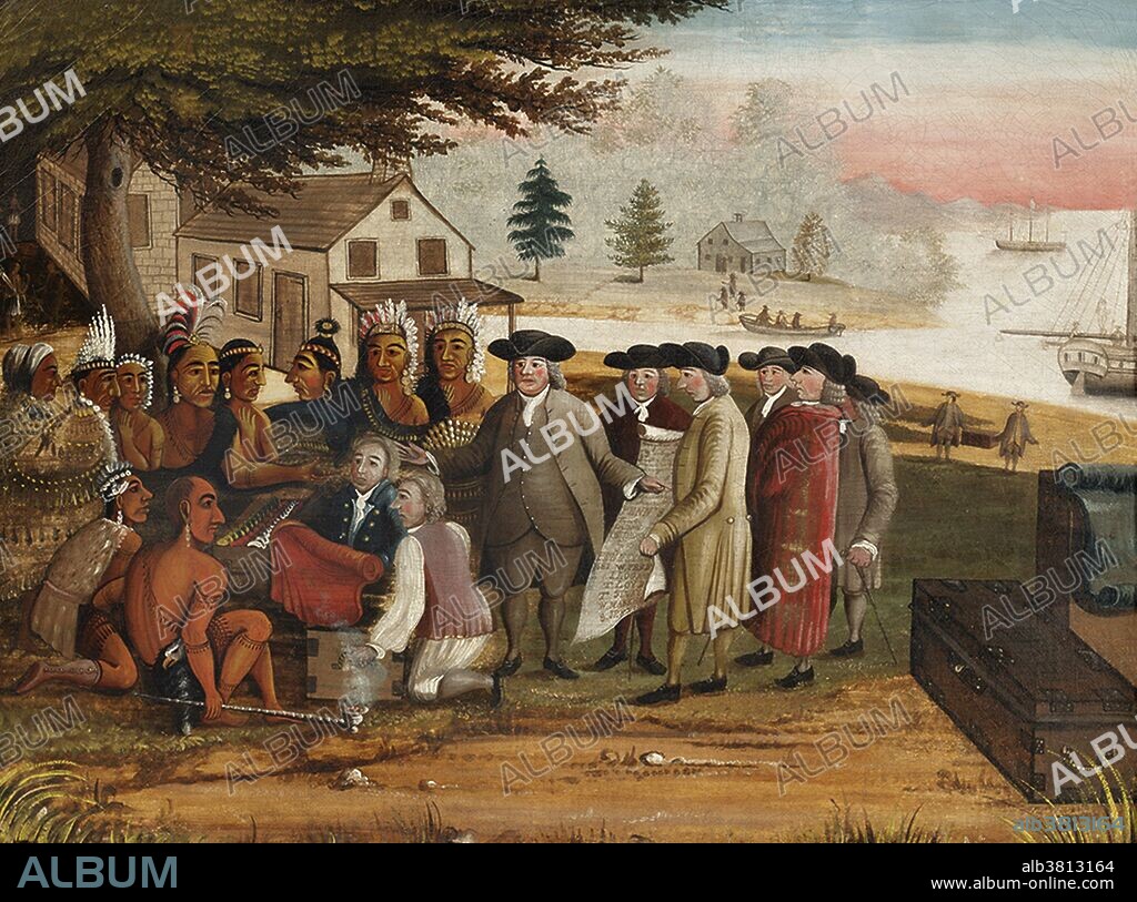 Penn's treaty with the Indians, when he founded the province of Pennsylvania in North America 1681. William Penn (October 14, 1644 - July 30, 1718) was an English real estate entrepreneur, philosopher, and founder of Pennsylvania. He was an early champion of democracy and religious freedom, notable for his good relations and successful treaties with the Lenape Indians. Under his direction, the city of Philadelphia was planned and developed. As one of the earlier supporters of colonial unification, Penn wrote and urged for a Union of all the English colonies in what was to become the United States of America. The democratic principles that he set forth in the Pennsylvania Frame of Government served as an inspiration for the United States Constitution. Tamanend (1625 - 1701) was a chief of one of the clans that made up the Lenni-Lenape nation in the Delaware Valley at the time Philadelphia was established. He is best known as a lover of peace and friendship who played a prominent role in the establishment of peaceful relations among the Native American tribes and the English settlers who established Pennsylvania, led by William Penn. Painted by Edward Hicks in 1847.