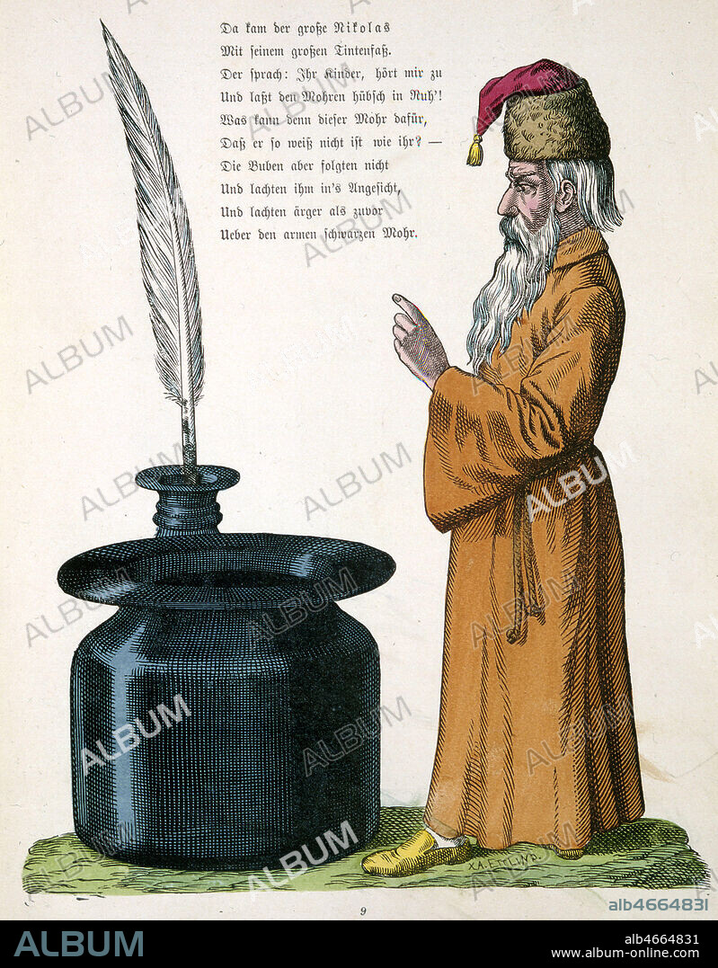 SAINT NICOLAS va tremper dans l'encre trois galopins qui se sont moque d'un petit noir. Gravure X.A.Ettling in Pierre l'Ebourriffe et autres histoires, cree par Heinrich Hoffmann vers 1870-1880. Credit Collection Kharbine Tapabor.