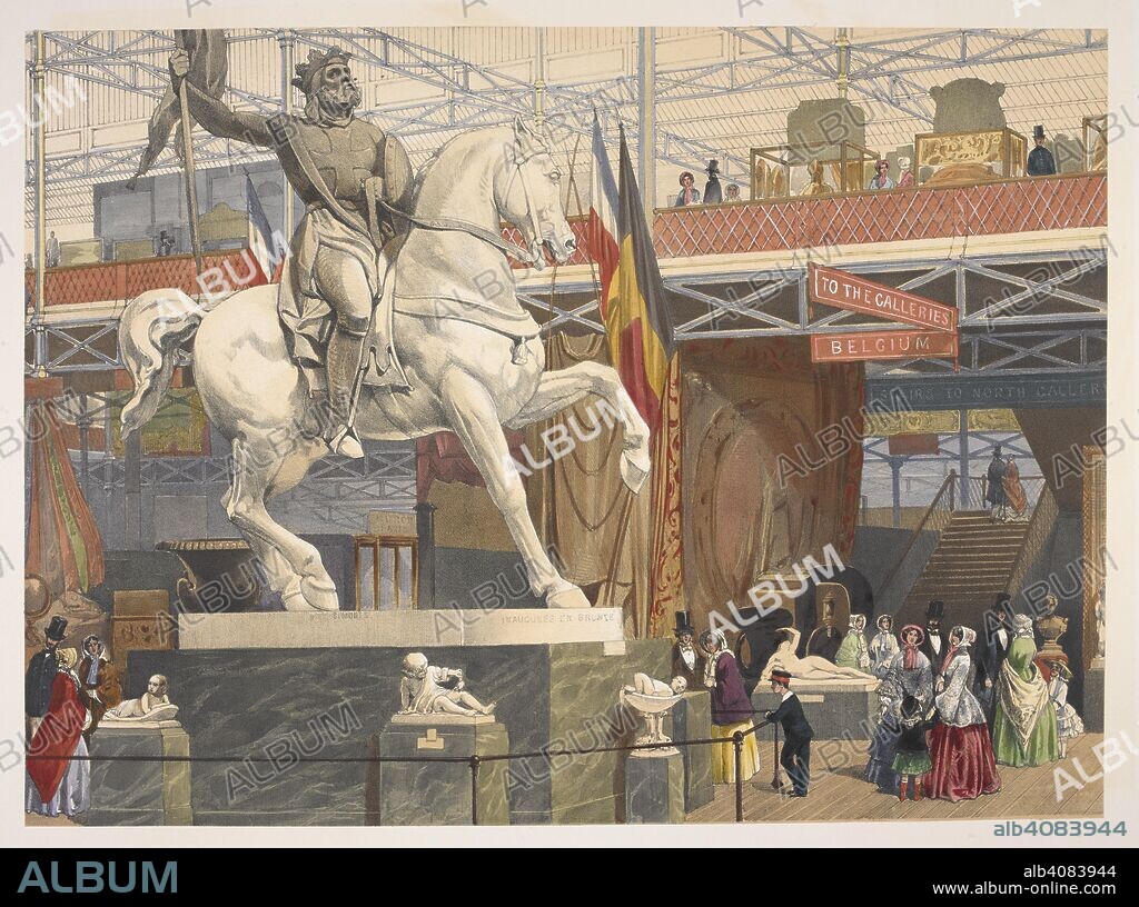 JOHN ABSOLON. View in the East Nave. Godfrey of Bouillon, by Simonis'.  The centrepiece of the Belgian display was a statue of the medieval hero Godfrey of Bouillon by EugÃ¨ne Simonis. Recollections of the Great Exhibition, 1851. London : Lloyd Bros, 1851. "From drawings ... by Messrs. Absolon, Goodall, Pidgeon, T. Wilson, and others".  Colour illustration: 60 cm.  . Source: X 953 plate 17.